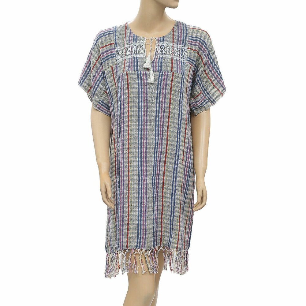 Ulla Johnson Striped Weave Embroidered Knitted Fringes Mini Dress M New 205865